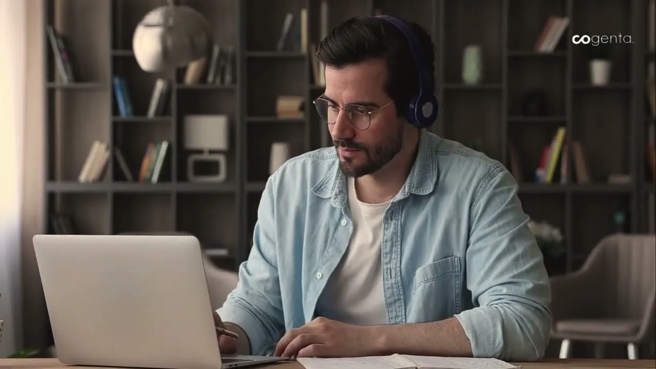 A Cogenta consultant working at a laptop, the poster frame of the how-we-work walkthrough video